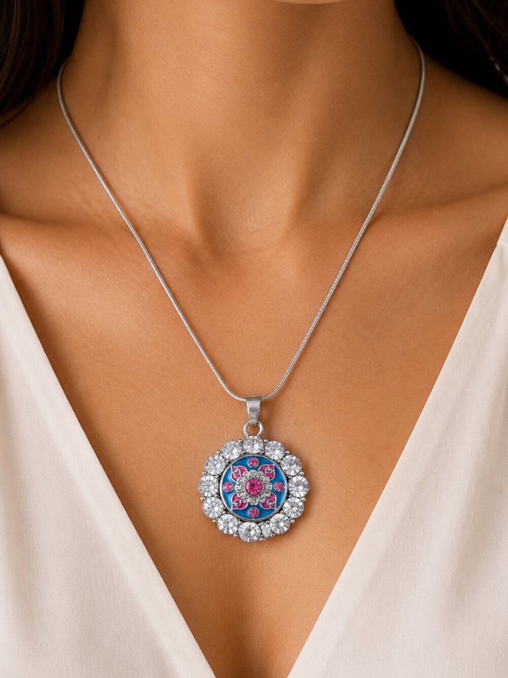 Silver Rhinestone Halo Snap Necklace Blue Pink Enamel Flower Snap